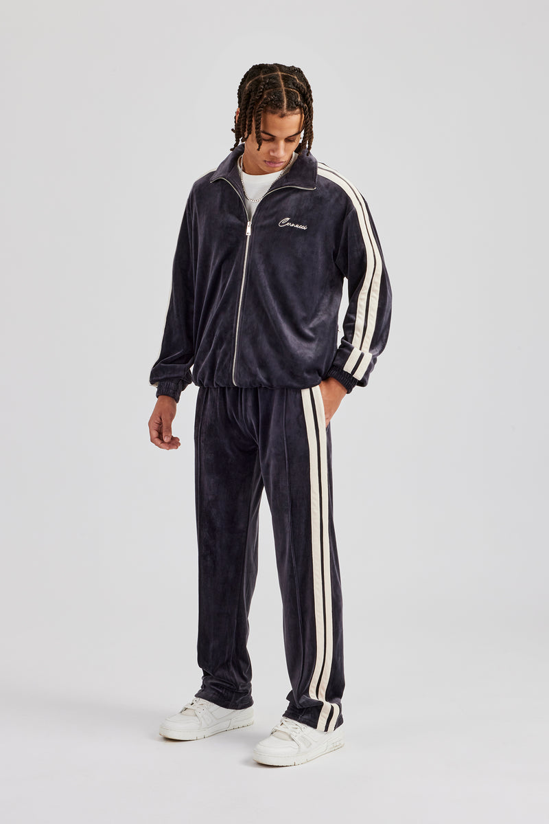 Velours-Trainingshose mit geradem Bein und Zierband - Anthrazit