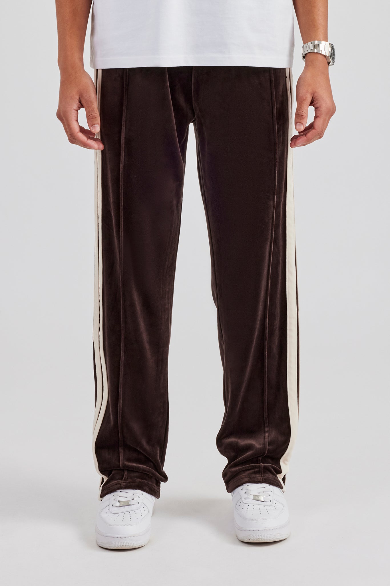 Taping Straight Leg Velour Track Pant - Chocolate | Mens Joggers