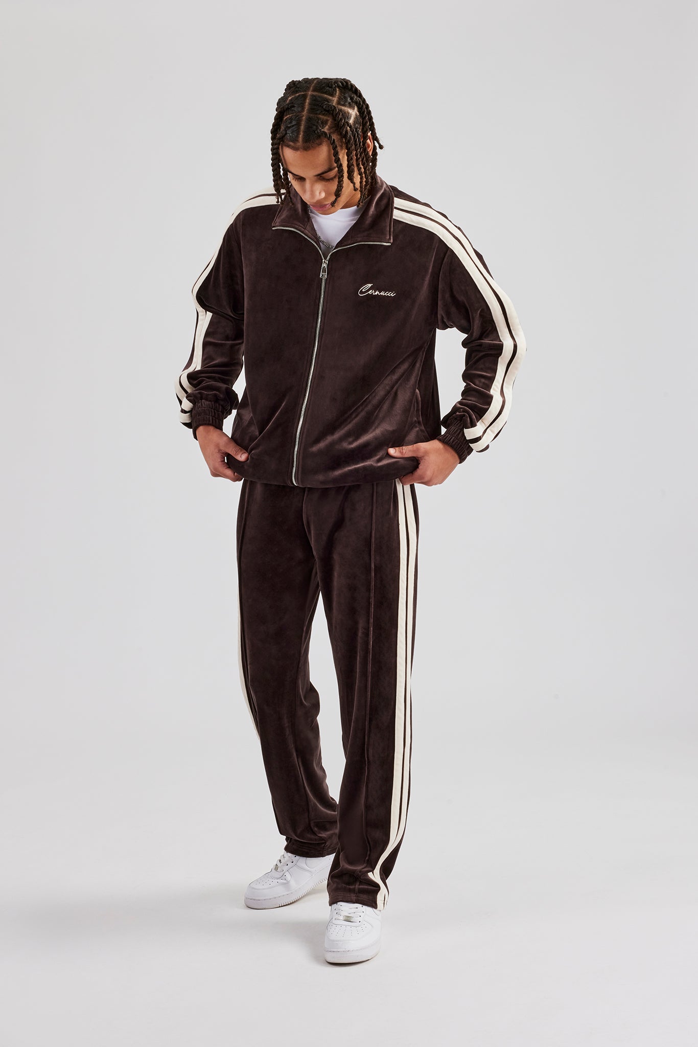 Zip Through Taping Velour Track Jacket - Chocolate | Mens