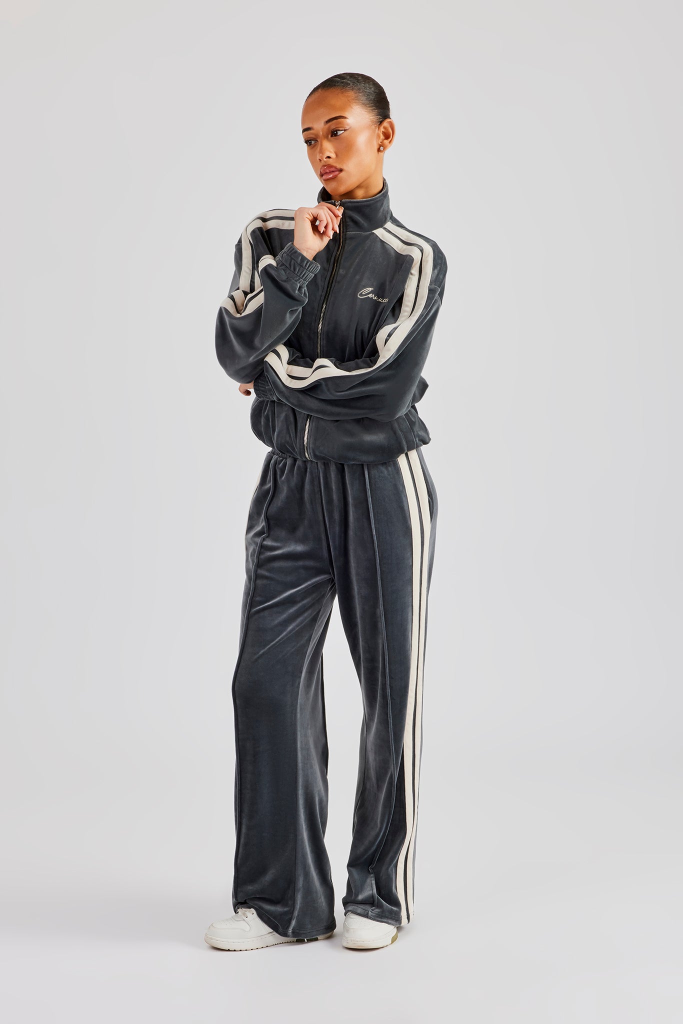 未使用  70s Veloura Track Top TRUPNK Funnel Neck Taping Zip Through Velour Tracksuit - Grey | Womens