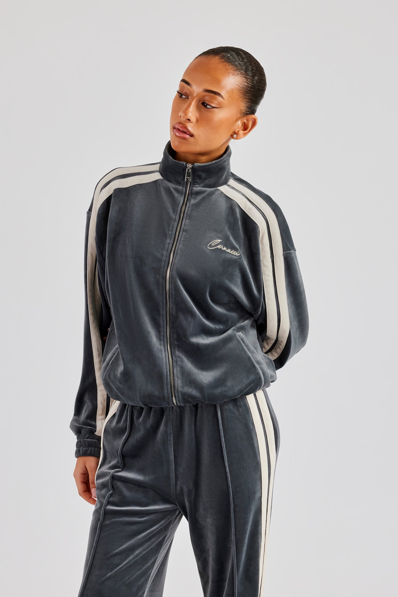 Funnel Neck Taping Zip Through Velour Track Jacket - Grey | Womens