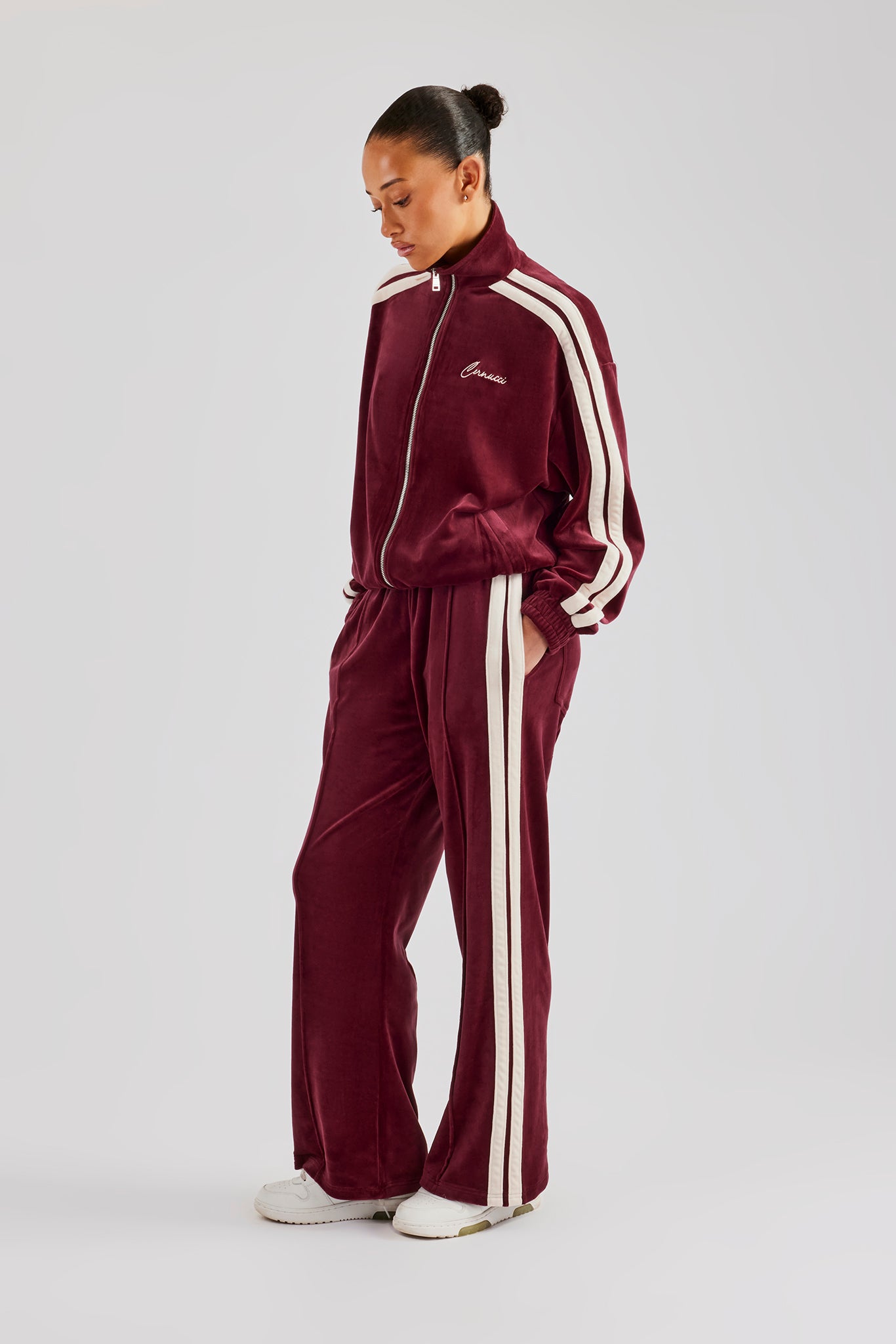 Funnel Neck Taping Zip Through Velour Tracksuit - Burgundy Funnel Neck Taping Zip Through Velour Tracksuit - Burgundy
