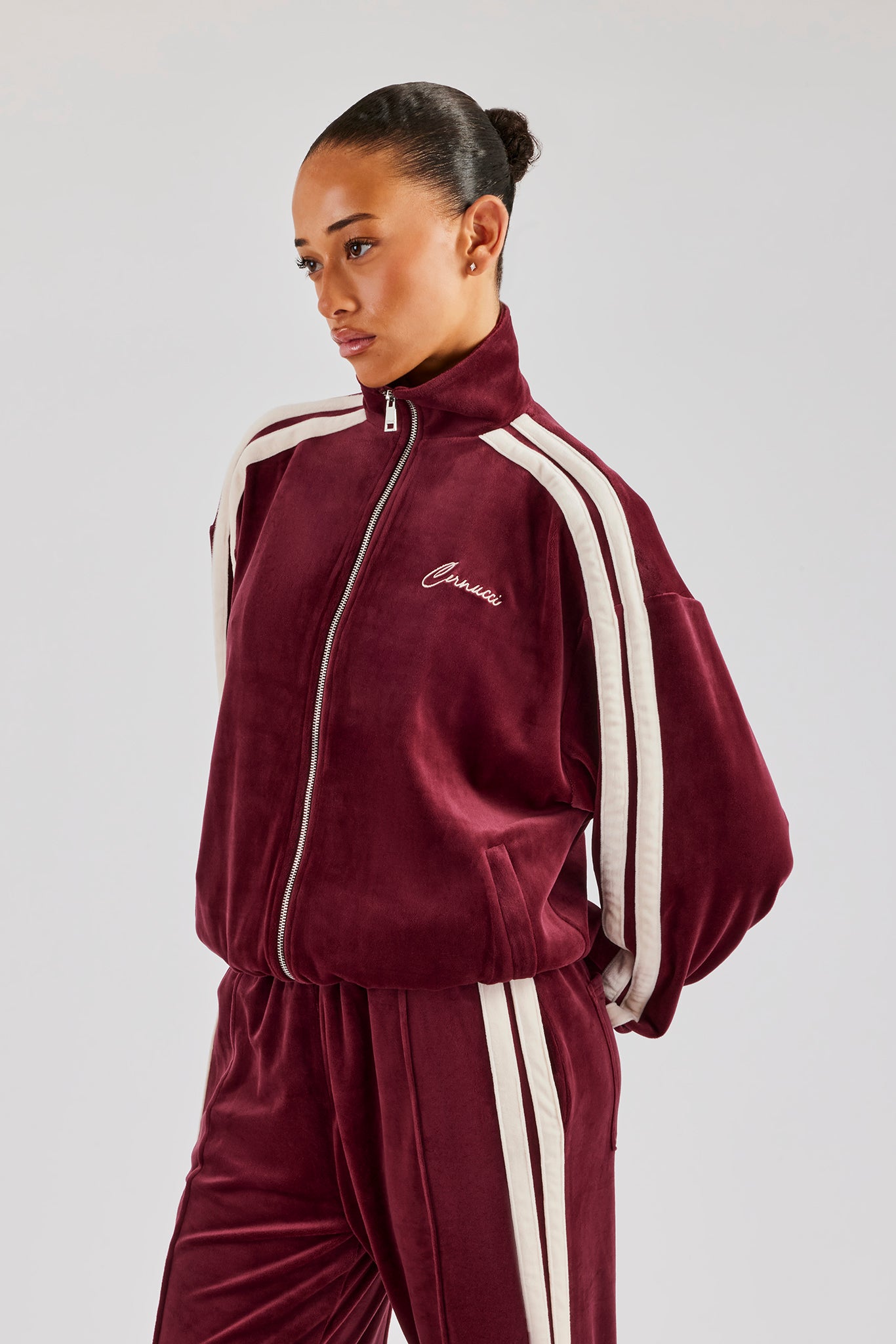 Funnel Neck Taping Zip Through Velour Track Jacket - Burgundy Funnel Neck Taping Zip Through Velour Track Jacket - Burgundy