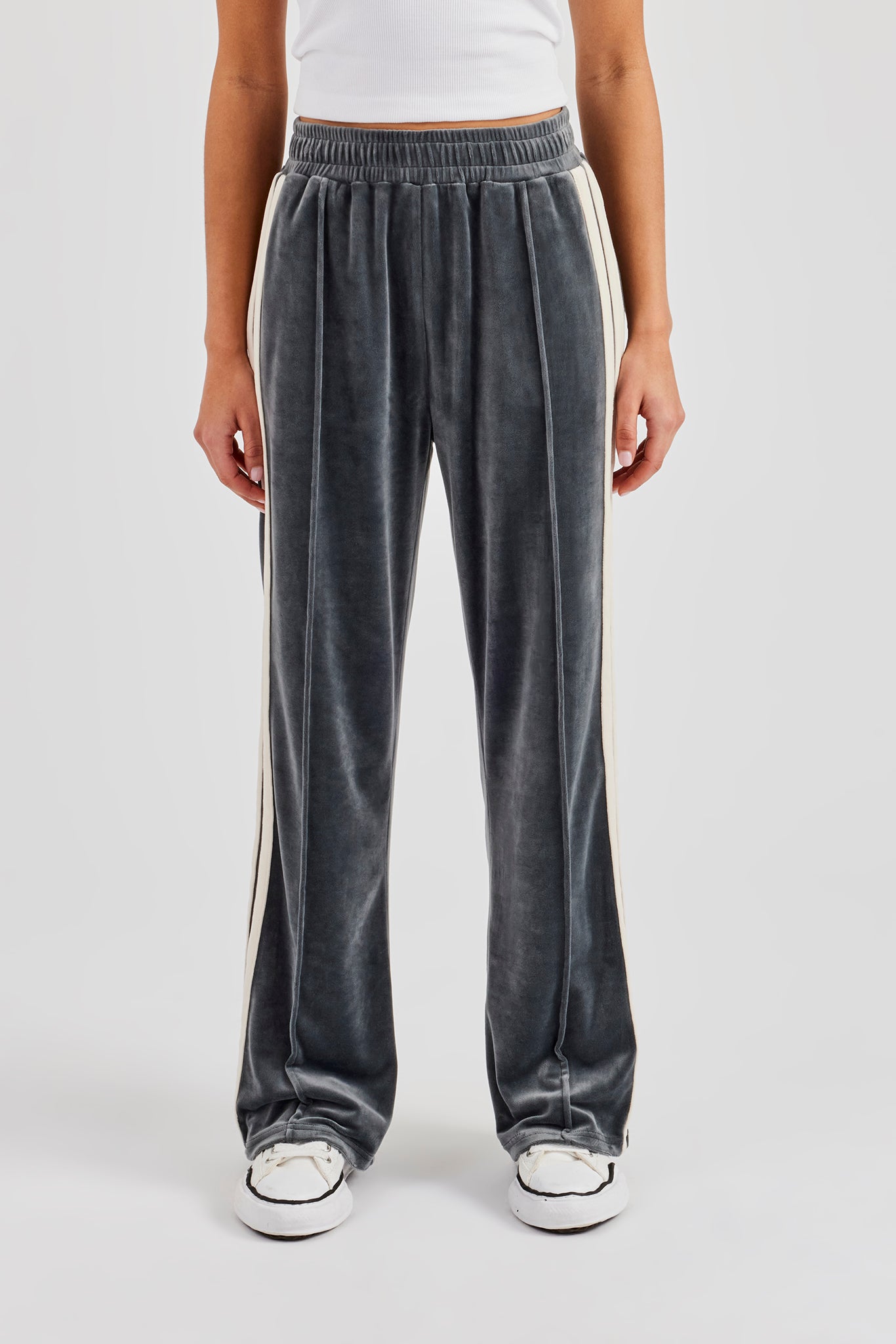 Taping Wide Leg Velour Track Pant - Grey