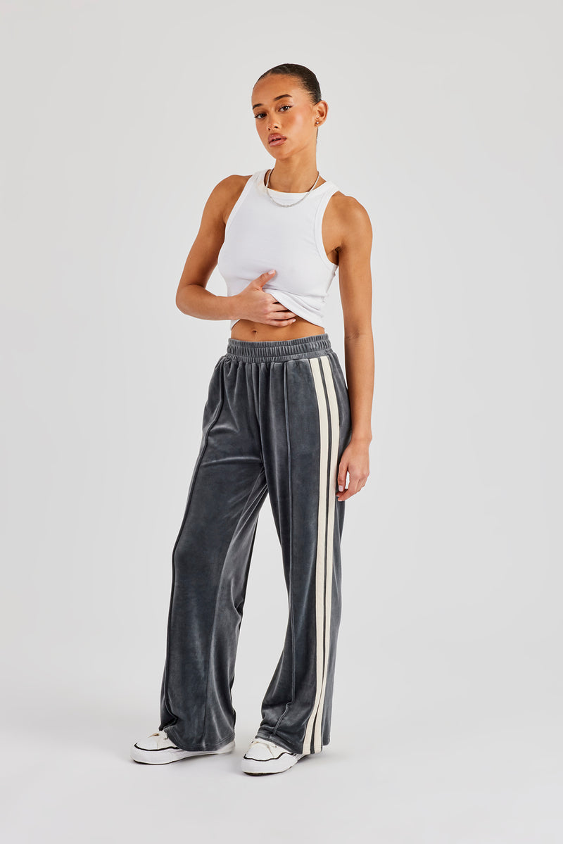 Taping Wide Leg Velour Track Pant - Grey