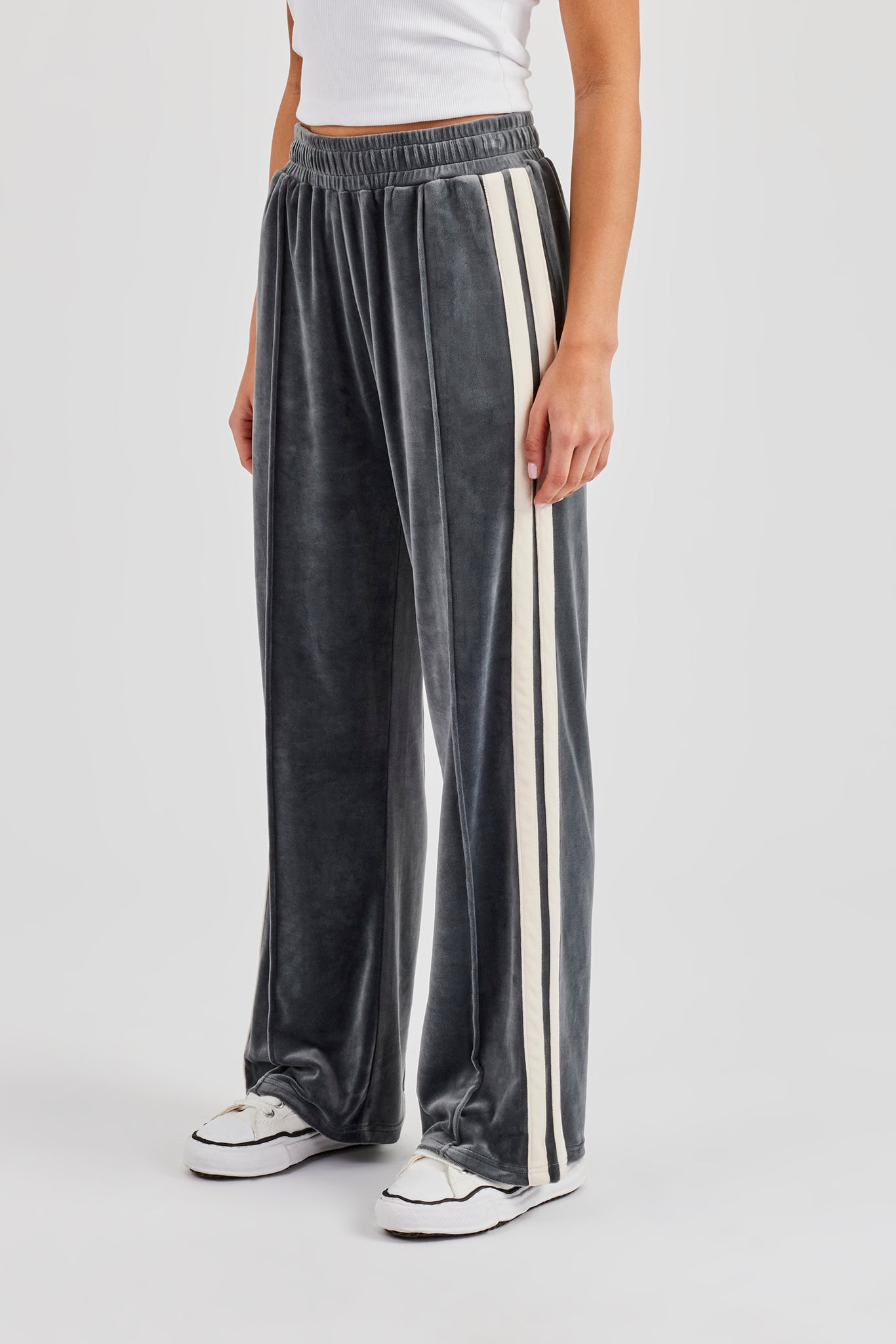 Taping Wide Leg Velour Track Pant - Grey