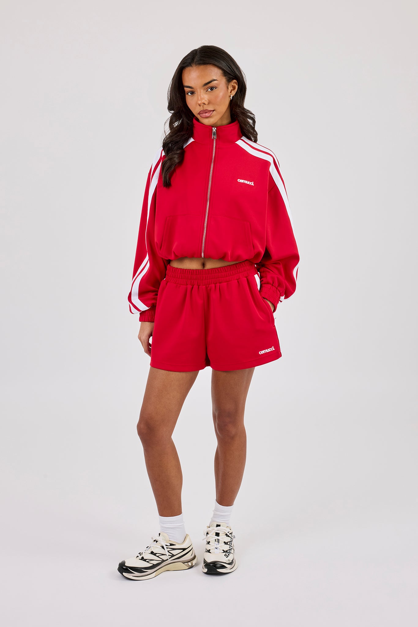 Taping Cropped Funnel Neck Jacket & Short - Red