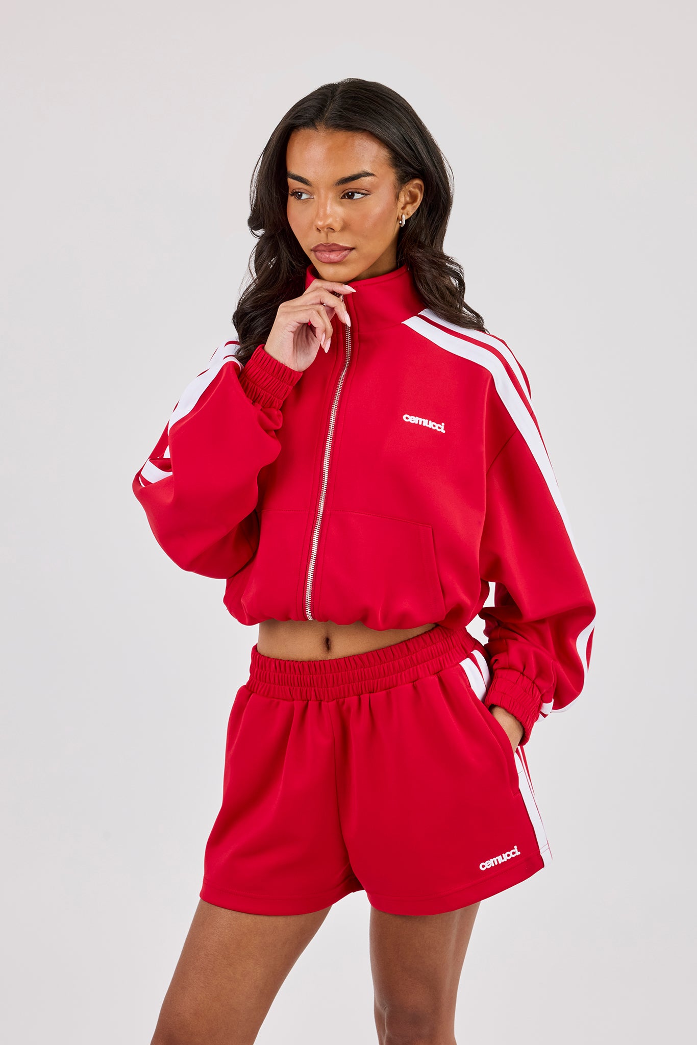 Taping Cropped Funnel Neck Jacket - Red