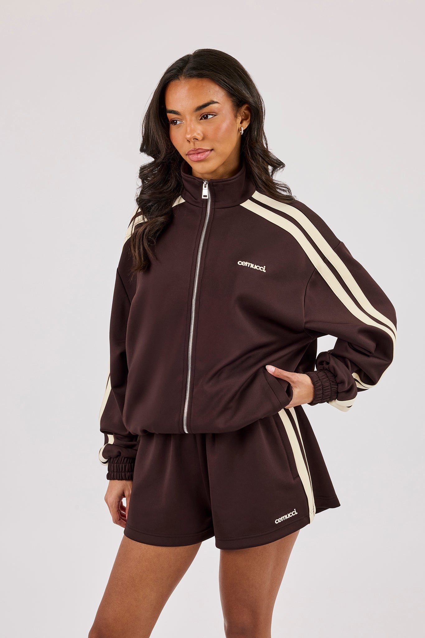 Logo Embroidered Funnel Neck Zip Through Track Jacket – Chocolate