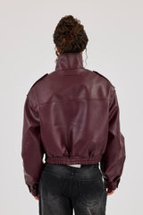 Textured PU Biker Jacket - Burgundy