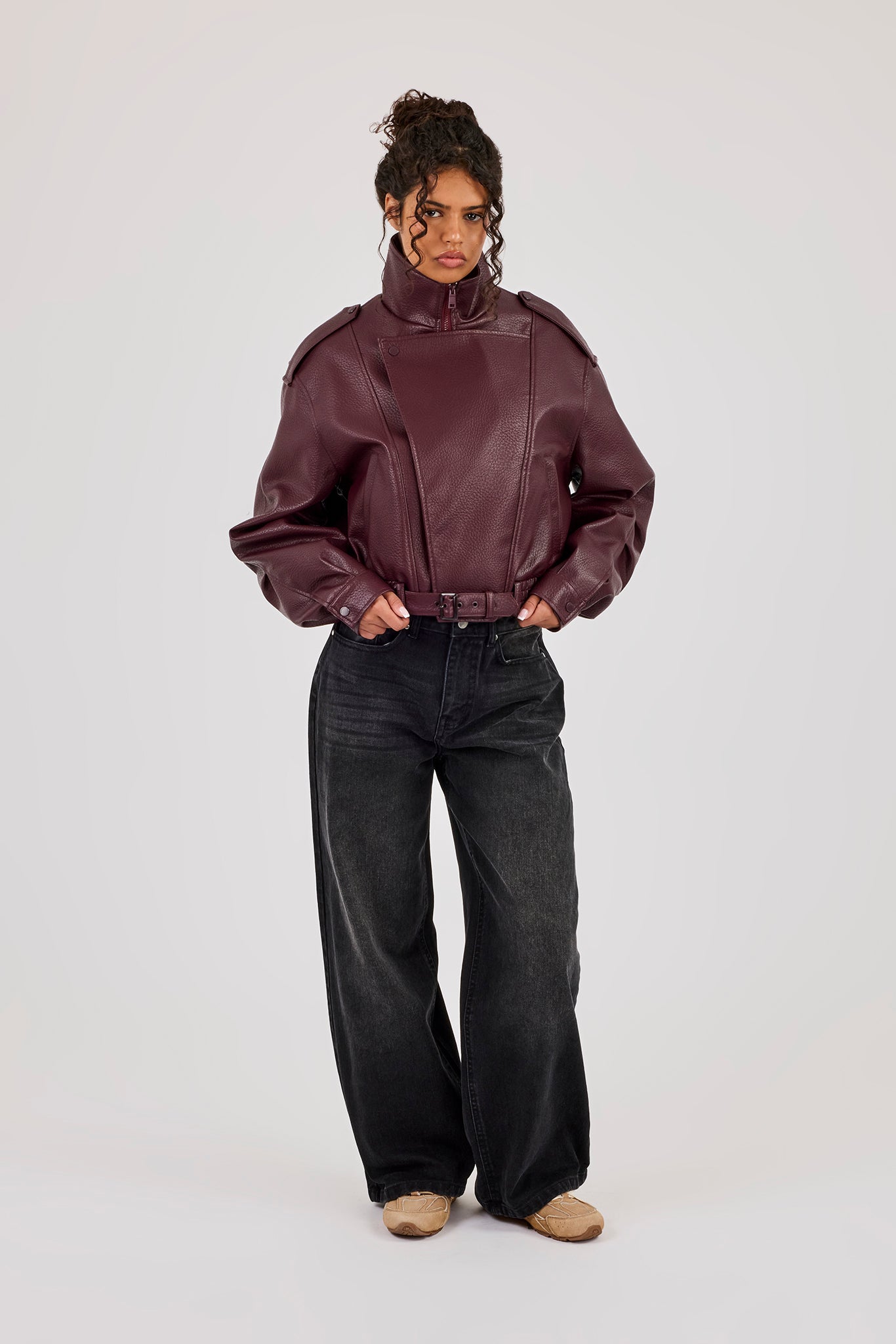 Textured PU Biker Jacket - Burgundy