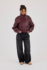 Textured PU Biker Jacket - Burgundy