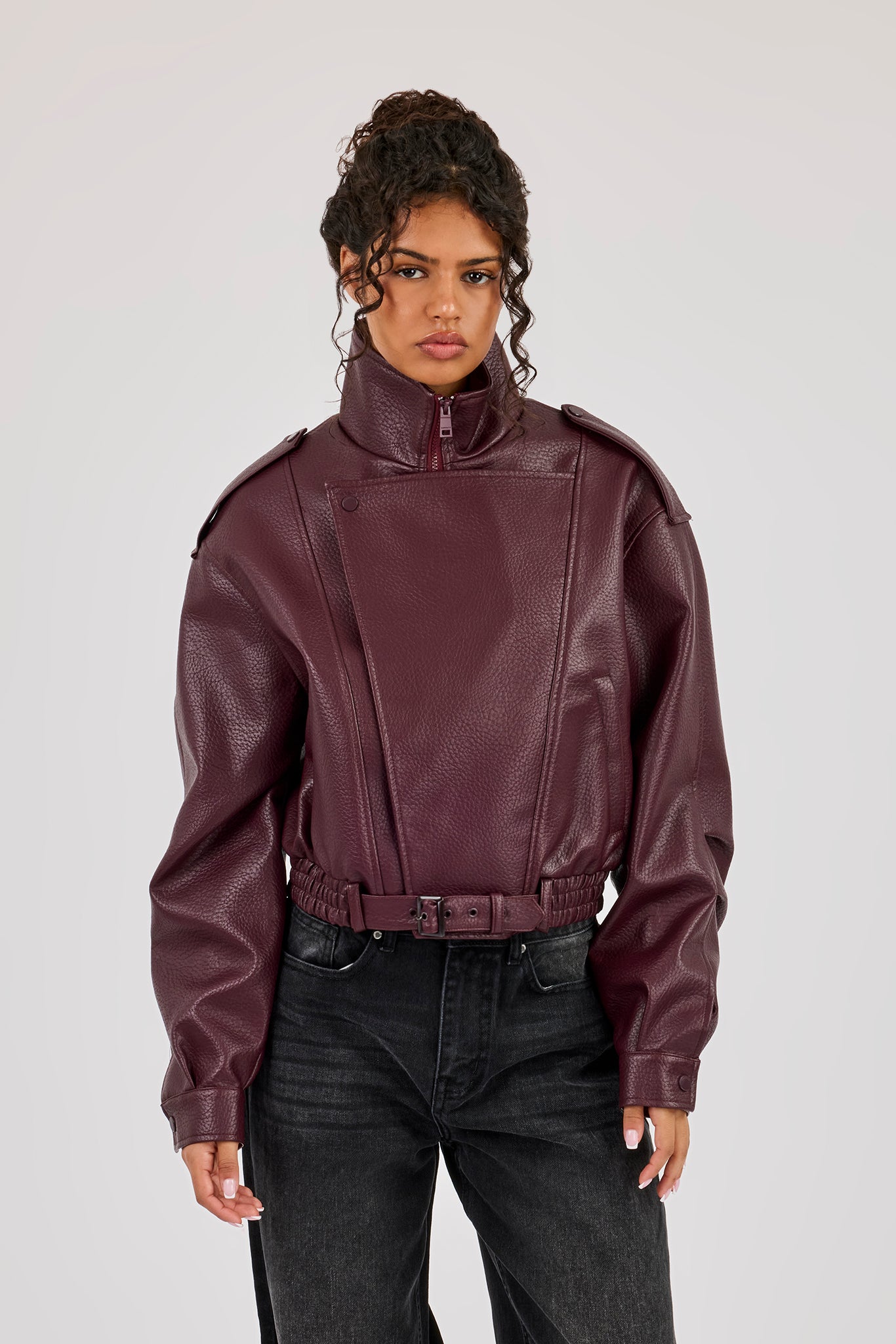 Textured PU Biker Jacket - Burgundy