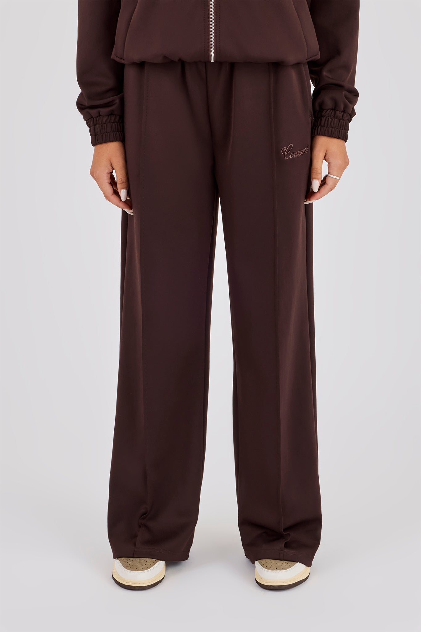 Poly Embroidered Wide Leg Jogger - Brown