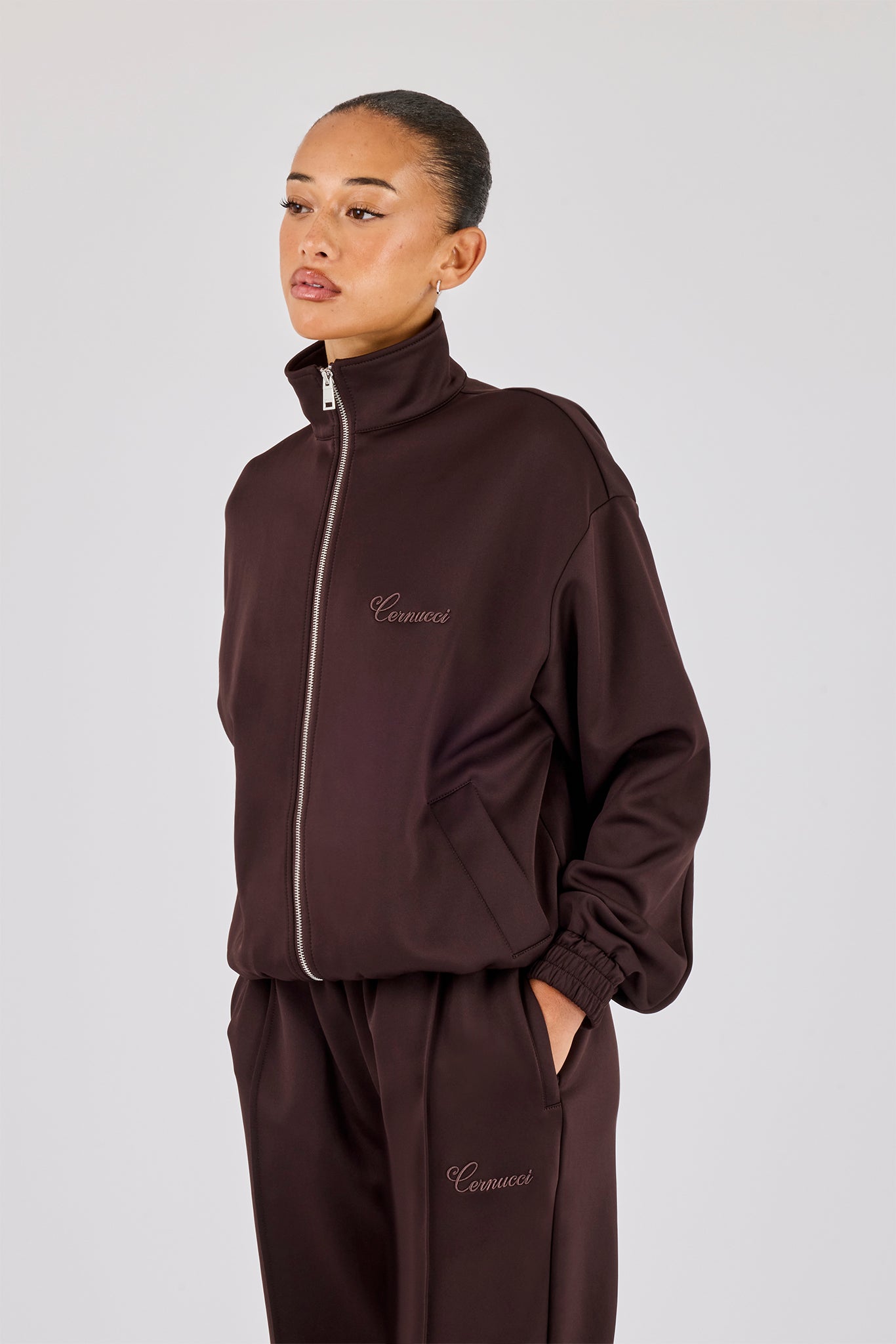 Poly Embroidered Track Jacket - Brown