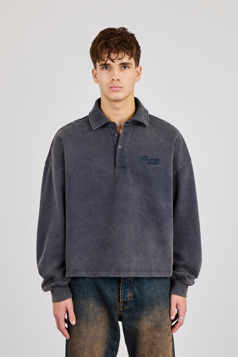 Acid Wash Rugby Polo - Washed Navy | Mens Hoodies & Sweats | Shop ...