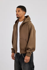 Scuba Zip Hoodie With Woven Tab - Khaki