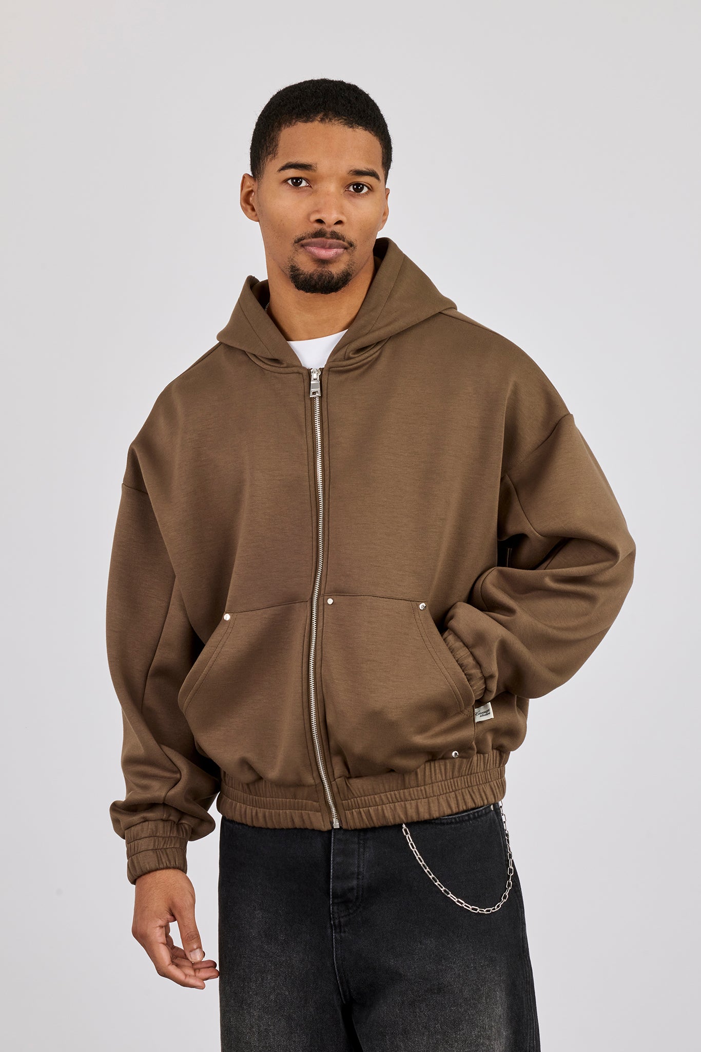 Scuba Zip Hoodie With Woven Tab - Khaki