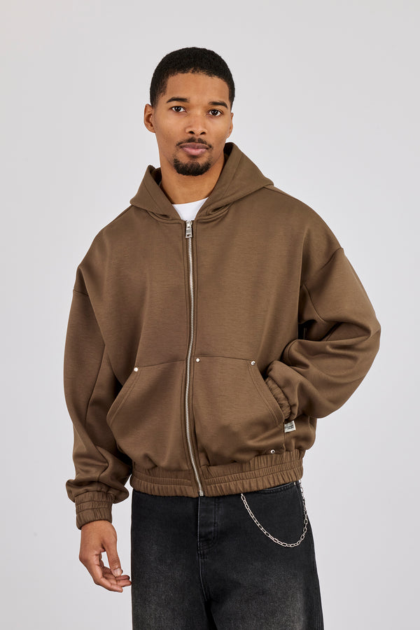 Scuba Zip Hoodie With Woven Tab - Khaki