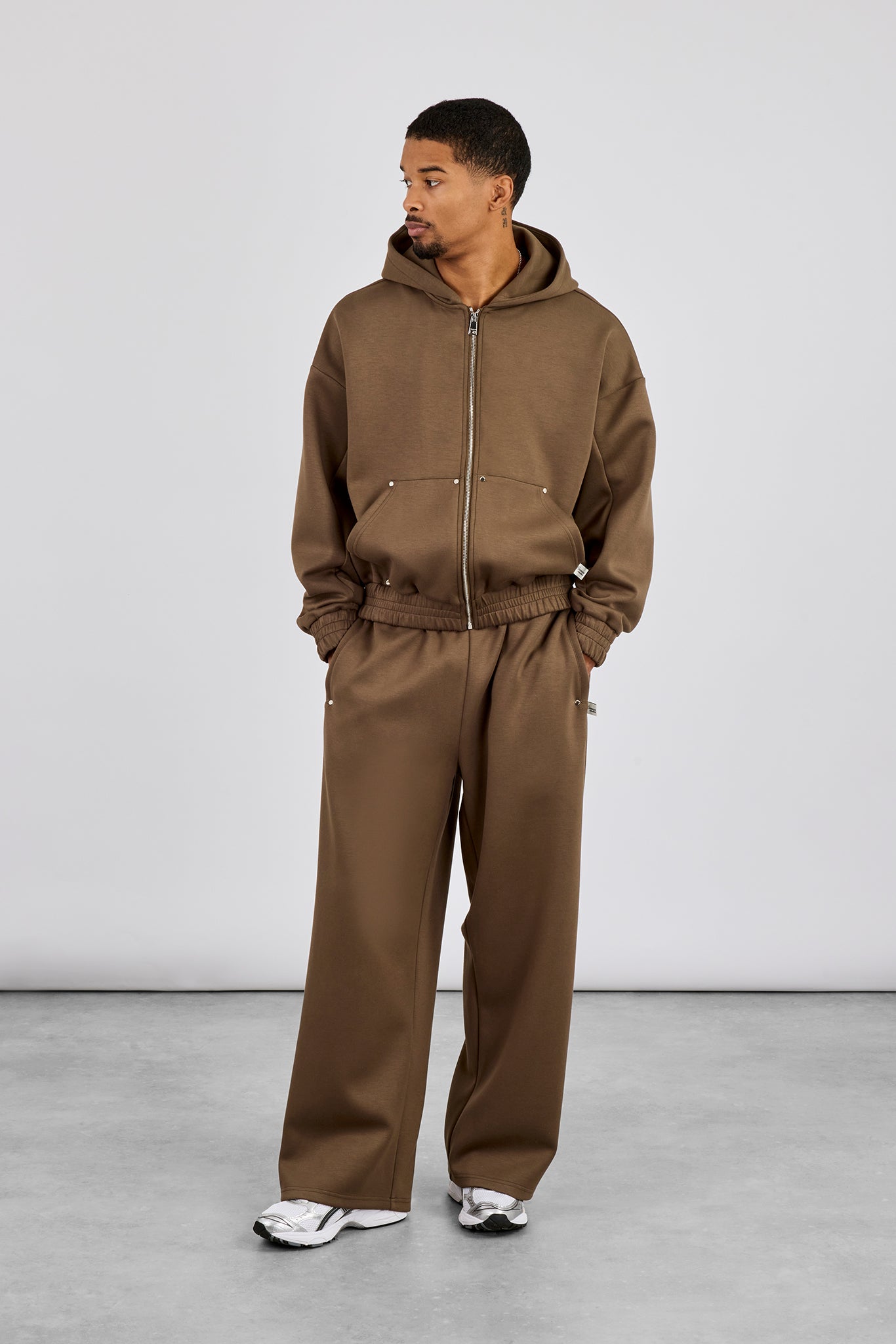 Scuba Zip Hoodie & Baggy Jogger With Woven Tab - Khaki | Mens Sets