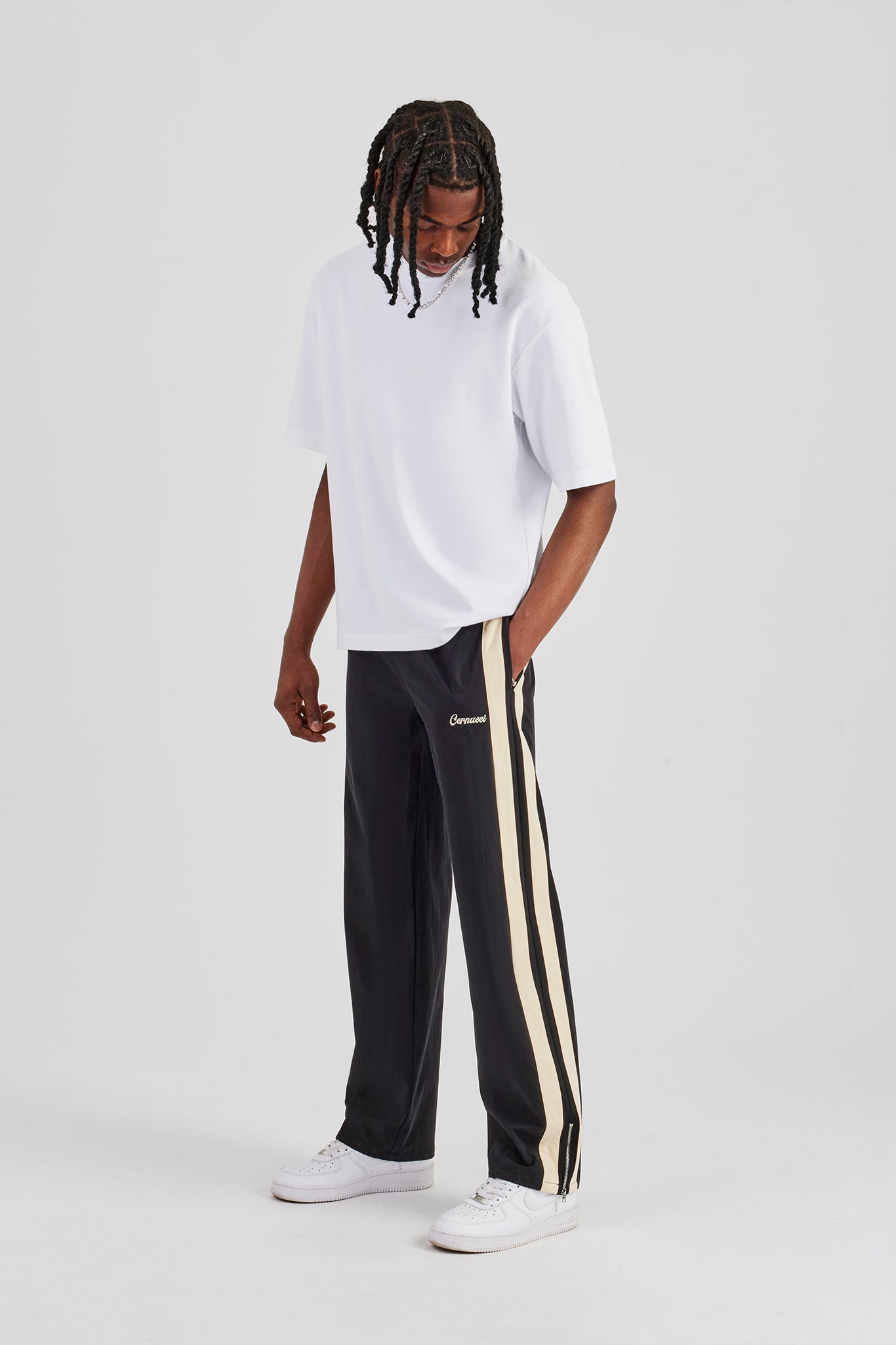 Bonded Nylon Ecru Panel Track Pant - Black