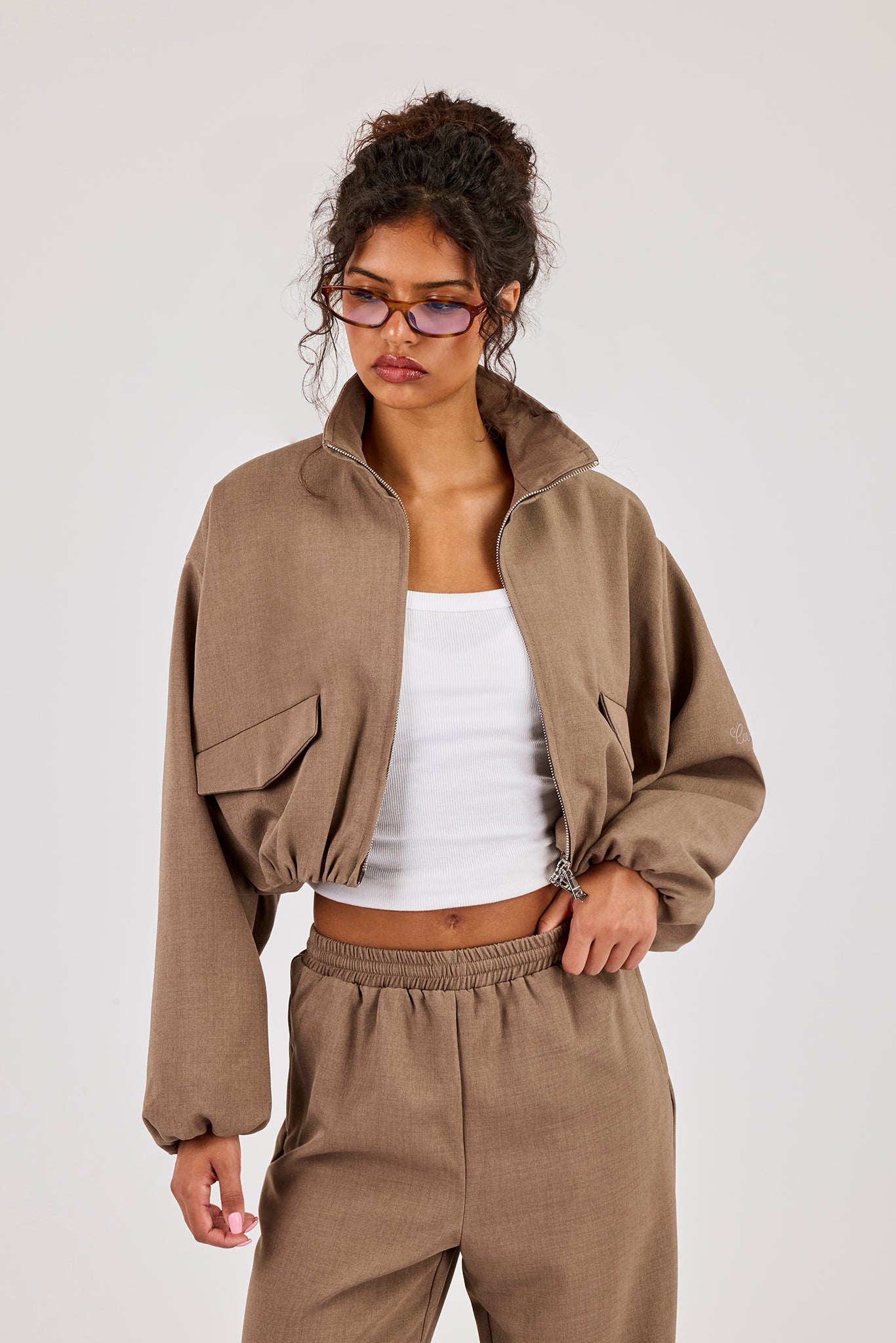 Twill Elasticated Hem Funnel Neck Jacket - Taupe