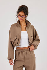 Twill Elasticated Hem Funnel Neck Jacket - Taupe