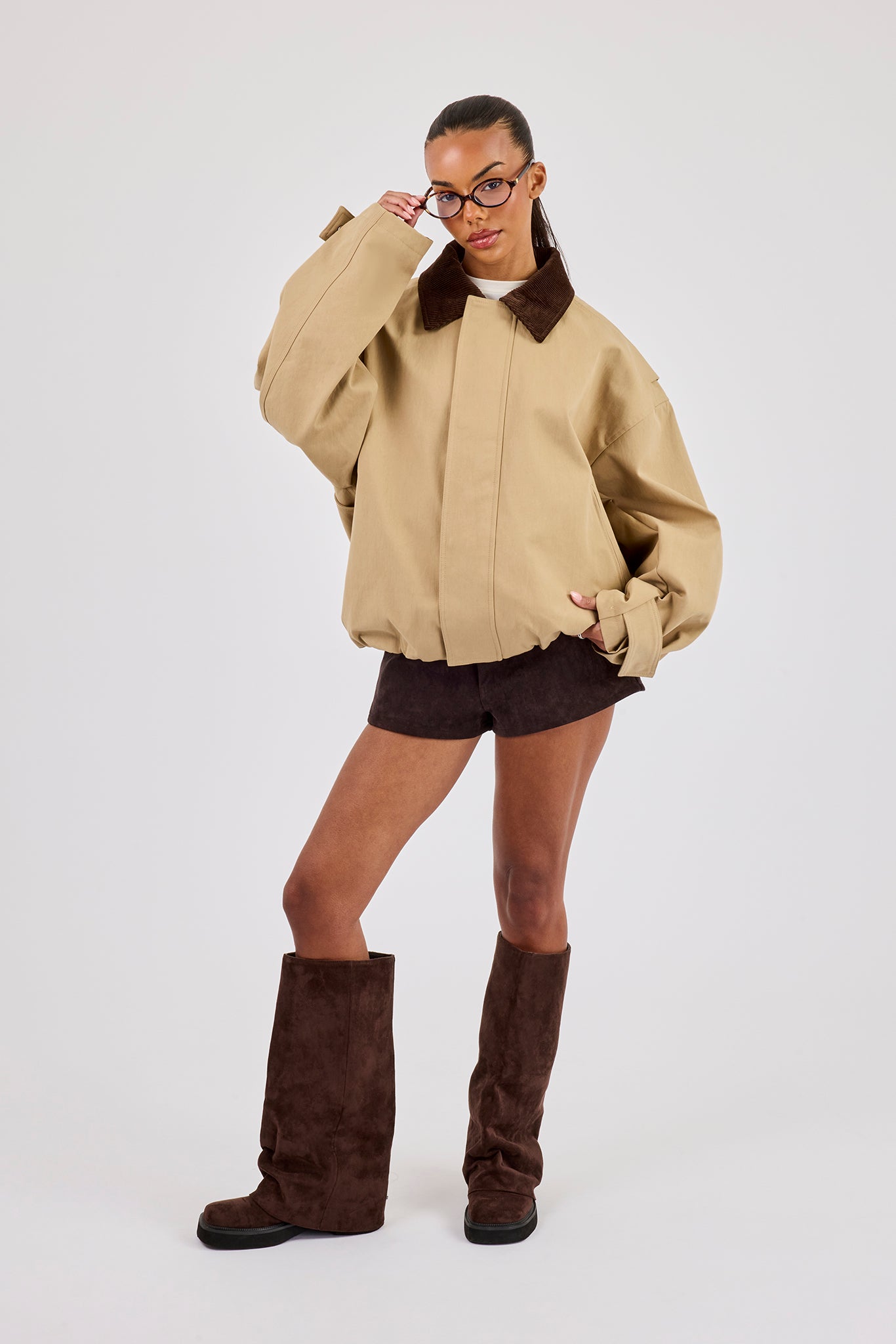 Oversized Twill Harrington Jacket - Beige | Womens Outerwear
