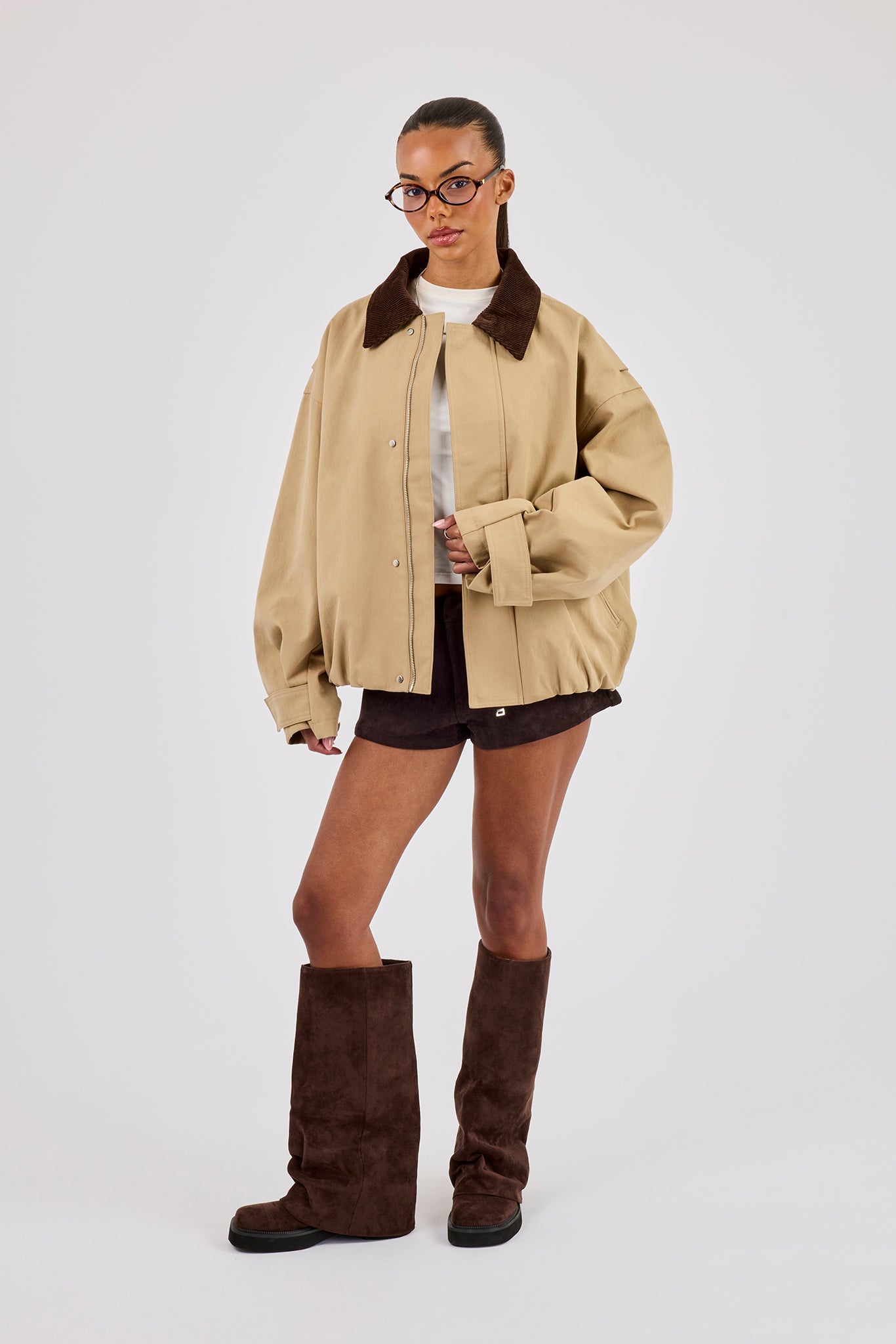 Oversized Twill Harrington Jacket - Beige | Womens Outerwear