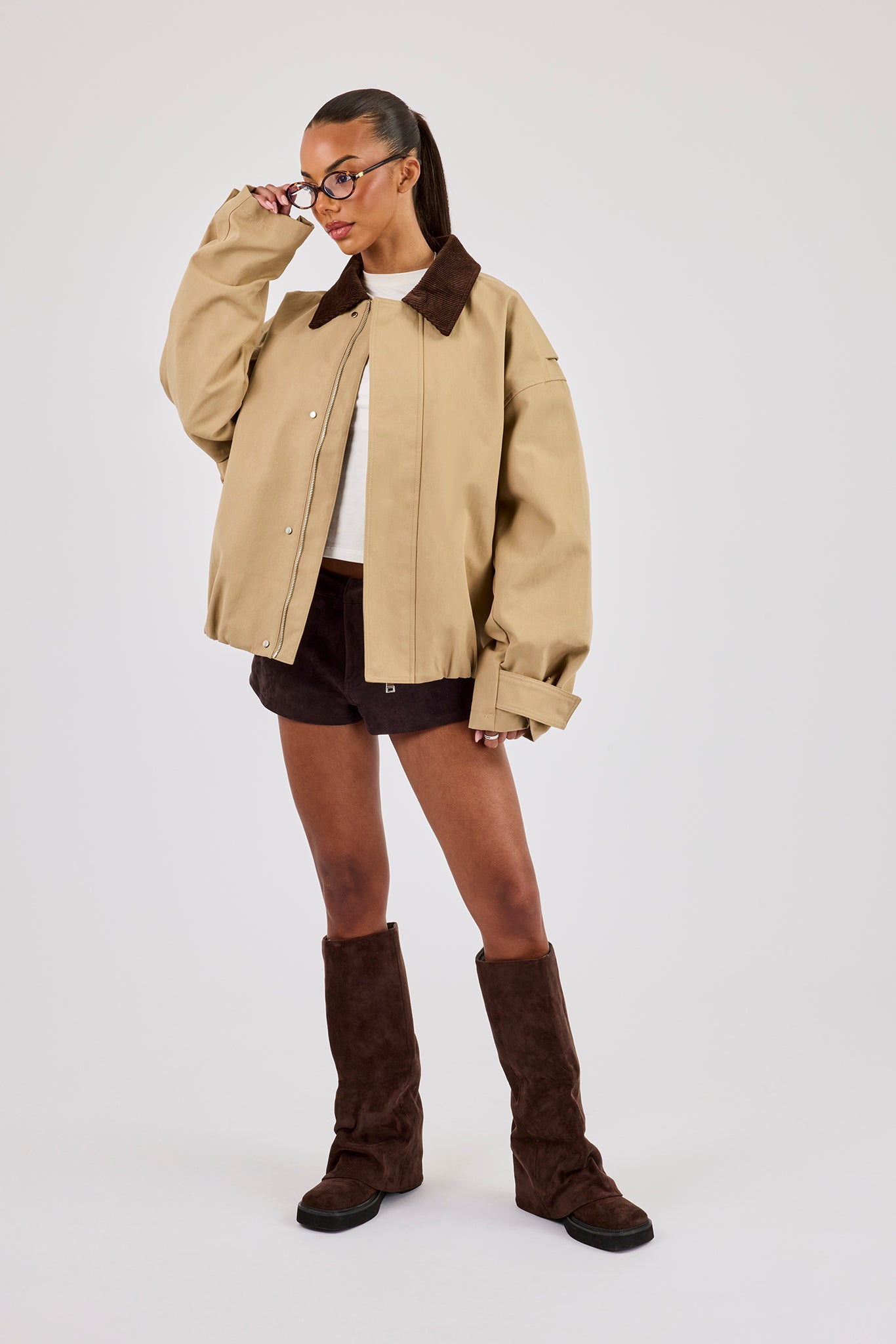 Oversized Twill Harrington Jacket - Beige | Womens Outerwear