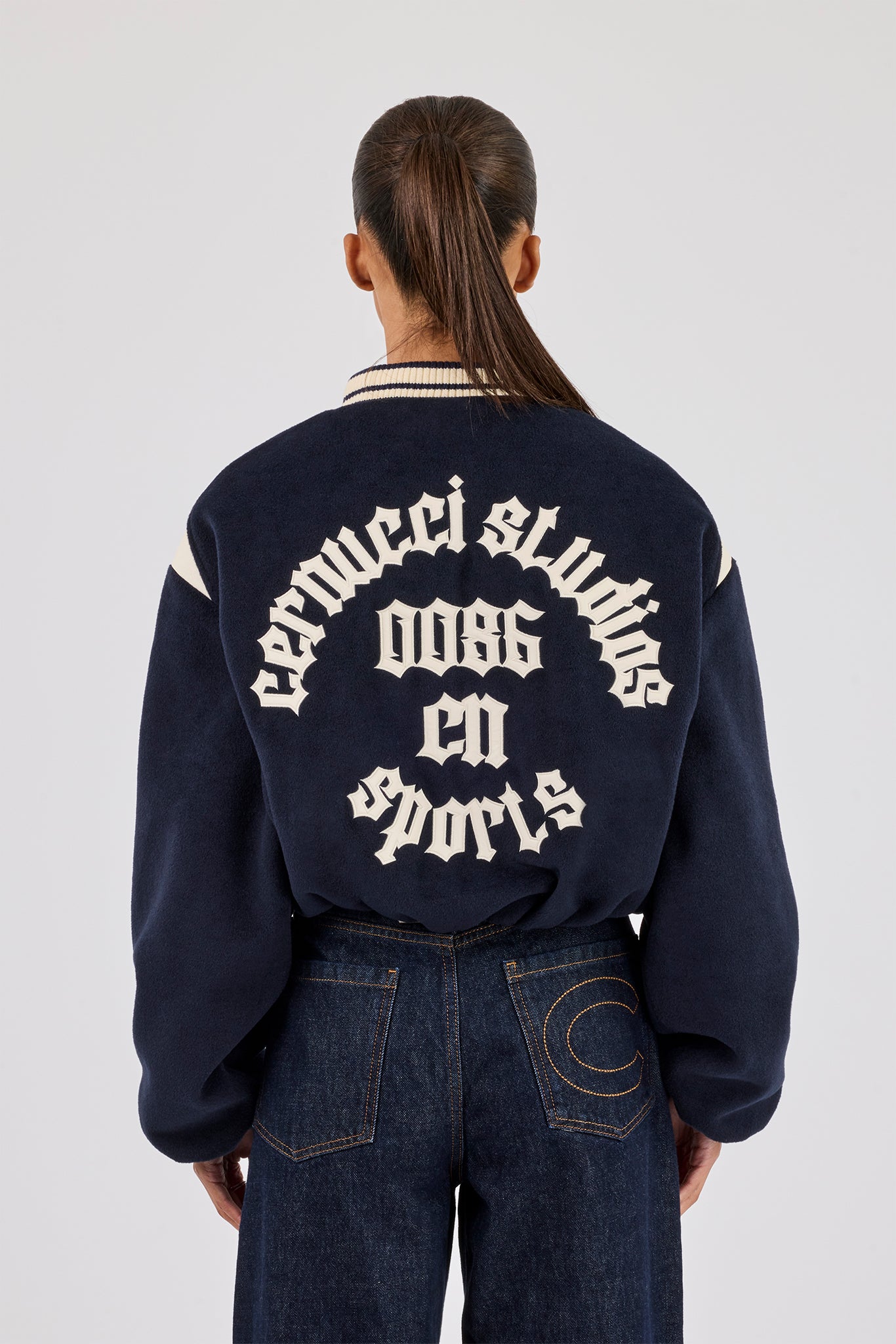 Varsity Bomber Jacket With Panels - Navy