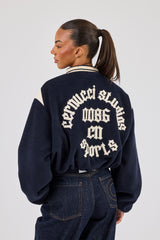 Varsity Bomber Jacket With Panels - Navy