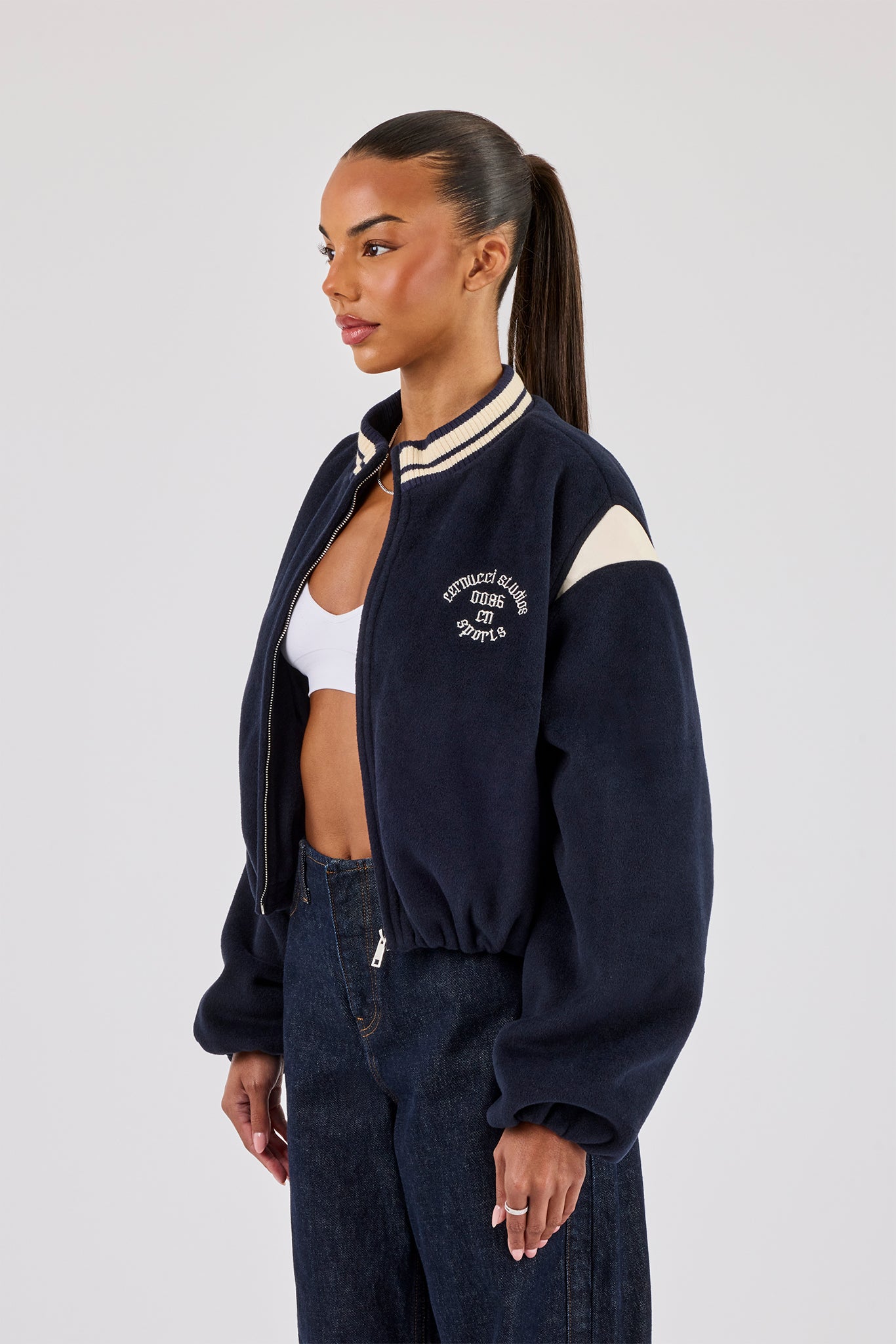 Varsity Bomber Jacket With Panels - Navy