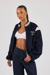 Varsity Bomber Jacket With Panels - Navy