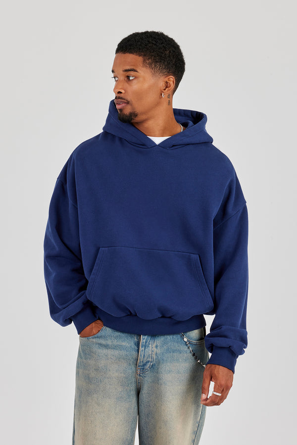 Boxy Hoodie mit gewaschenem Logo-Applikationsmuster – Marineblau