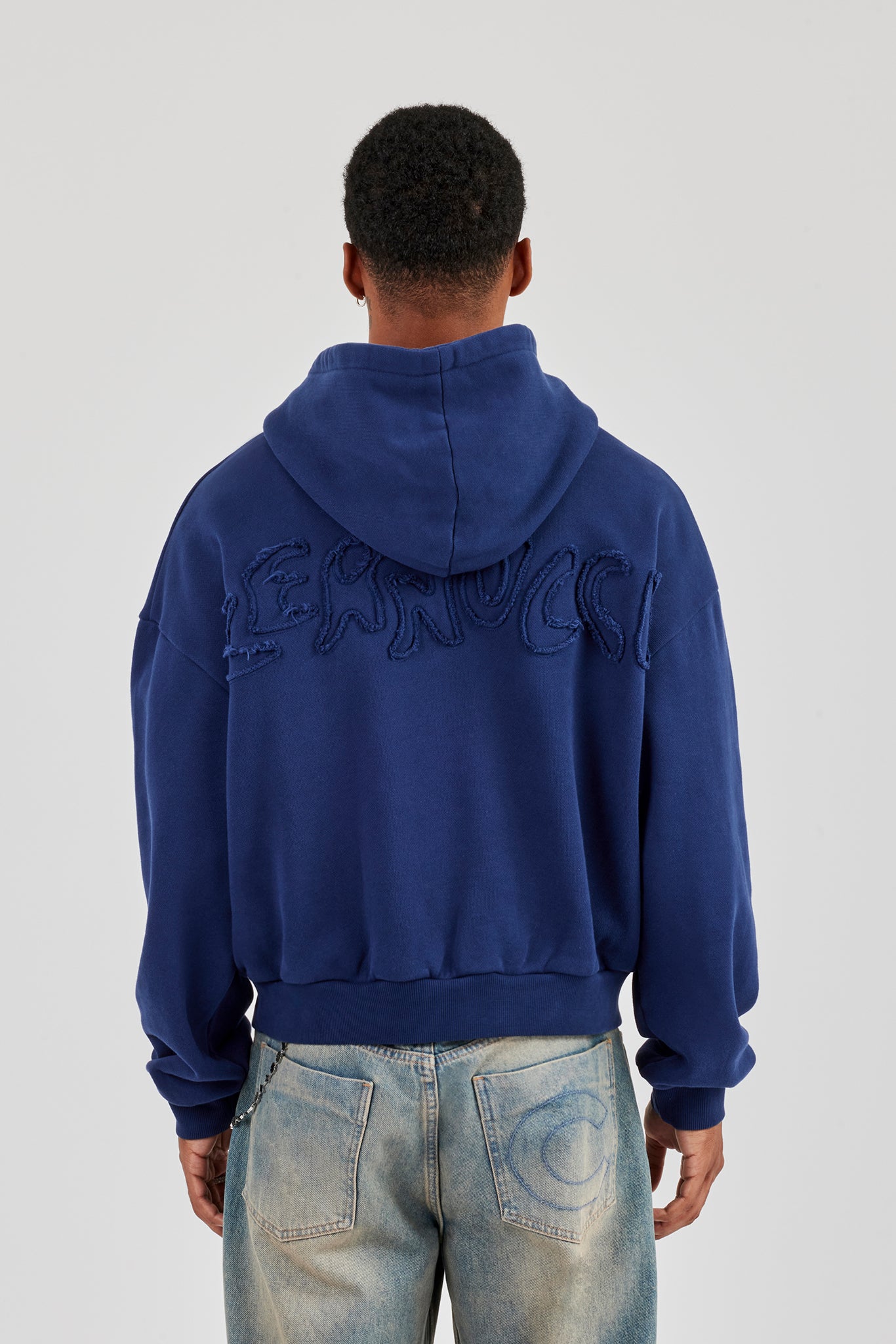 Washed Applique Logo Boxy Hoodie - Navy Blue | Mens Hoodies