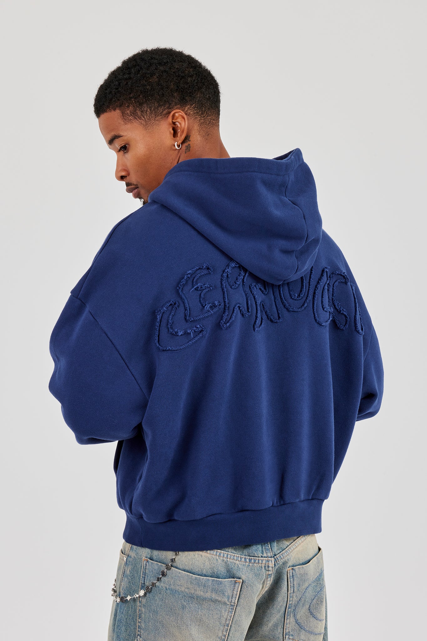 Boxy Hoodie mit gewaschenem Logo-Applikationsmuster – Marineblau