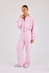 Washed Applique Logo Boxy Zip Through Hoodie & Wide Leg Jogger - Light Pink