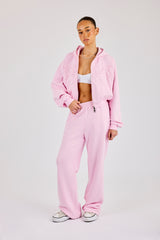 Washed Applique Logo Boxy Zip Through Hoodie & Wide Leg Jogger - Light Pink