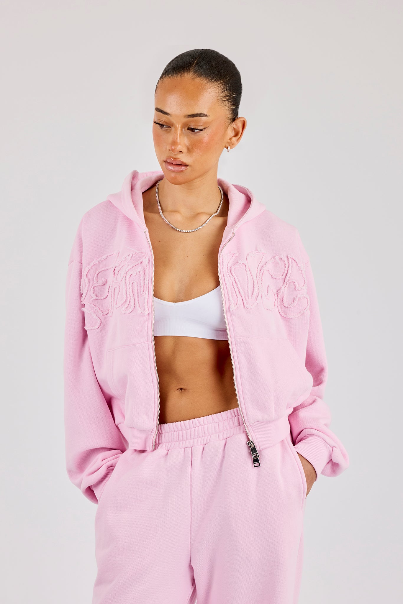 Washed Applique Logo Boxy Zip Through Hoodie - Light Pink