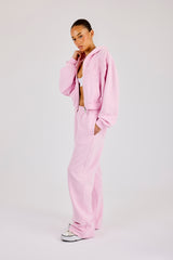 Washed Applique Logo Boxy Zip Through Hoodie & Wide Leg Jogger - Light Pink