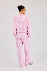 Washed Applique Logo Boxy Zip Through Hoodie & Wide Leg Jogger - Light Pink