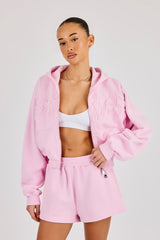Washed Applique Logo Boxy Zip Through Hoodie & Short - Light Pink