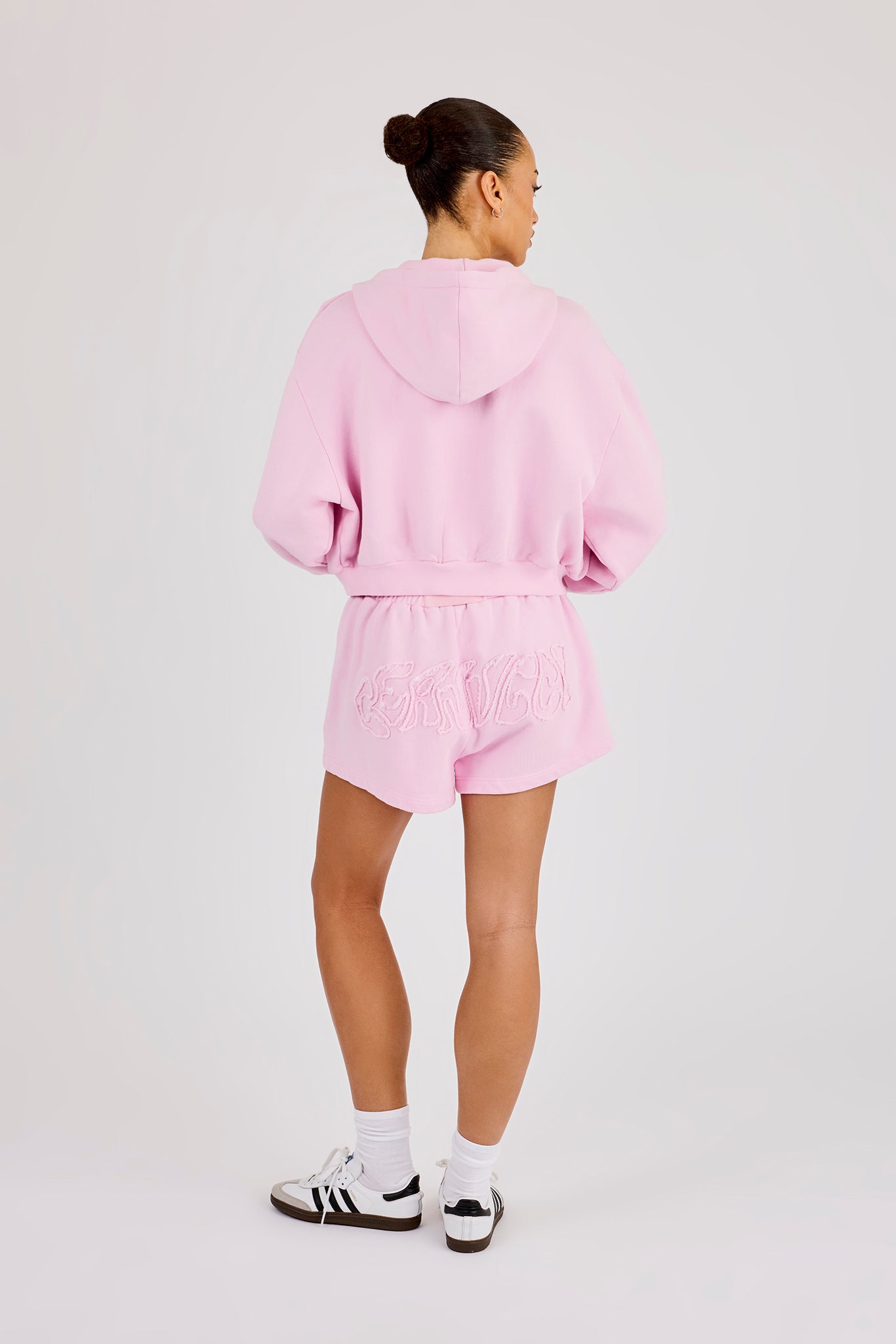 Washed Applique Logo Boxy Zip Through Hoodie & Short - Light Pink