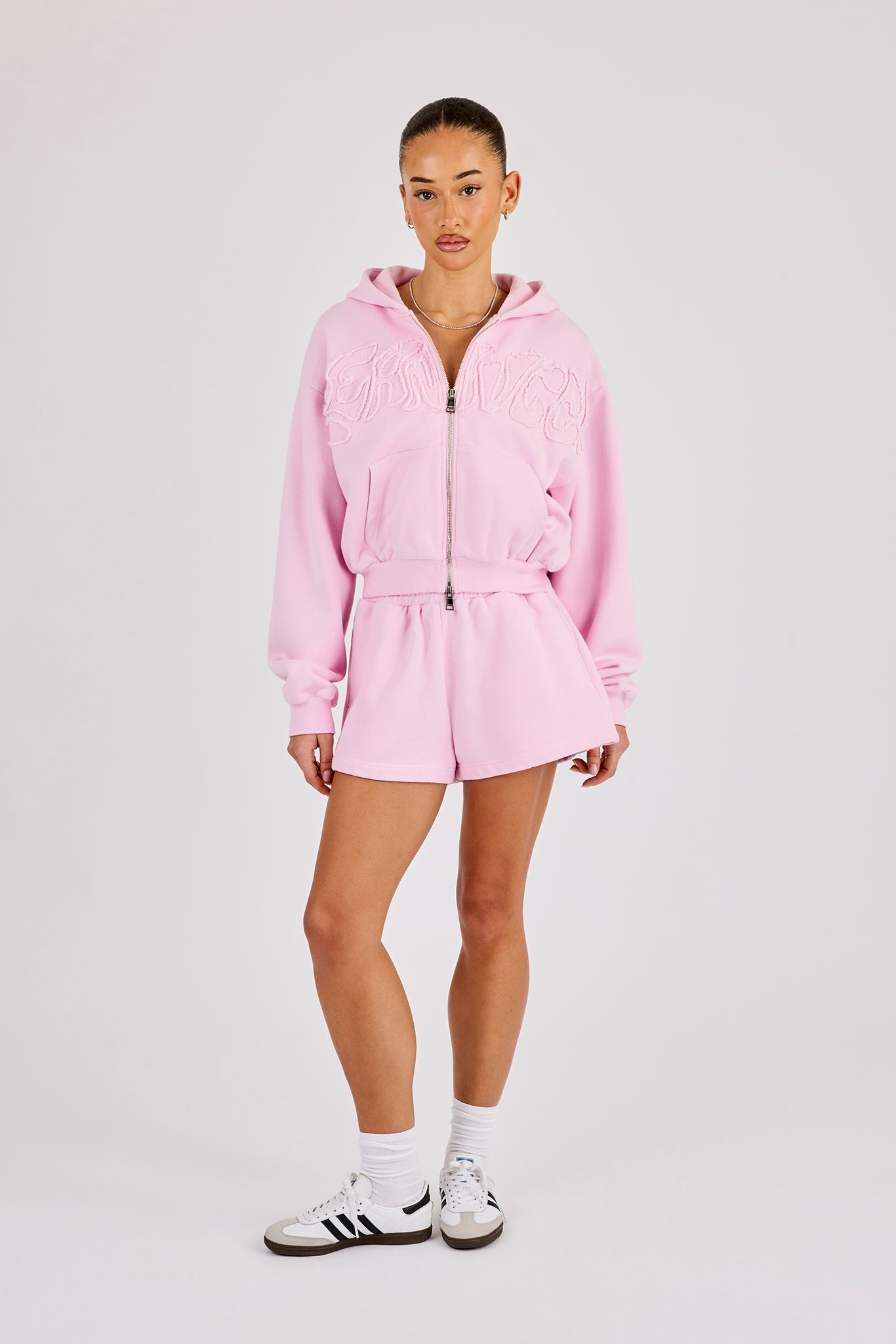 Washed Applique Logo Boxy Zip Through Hoodie & Short - Light Pink