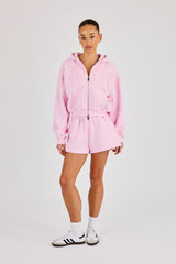 Washed Applique Logo Boxy Zip Through Hoodie & Short - Light Pink