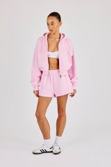 Washed Applique Logo Boxy Zip Through Hoodie & Short - Light Pink