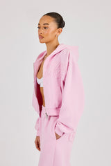 Washed Applique Logo Boxy Zip Through Hoodie - Light Pink
