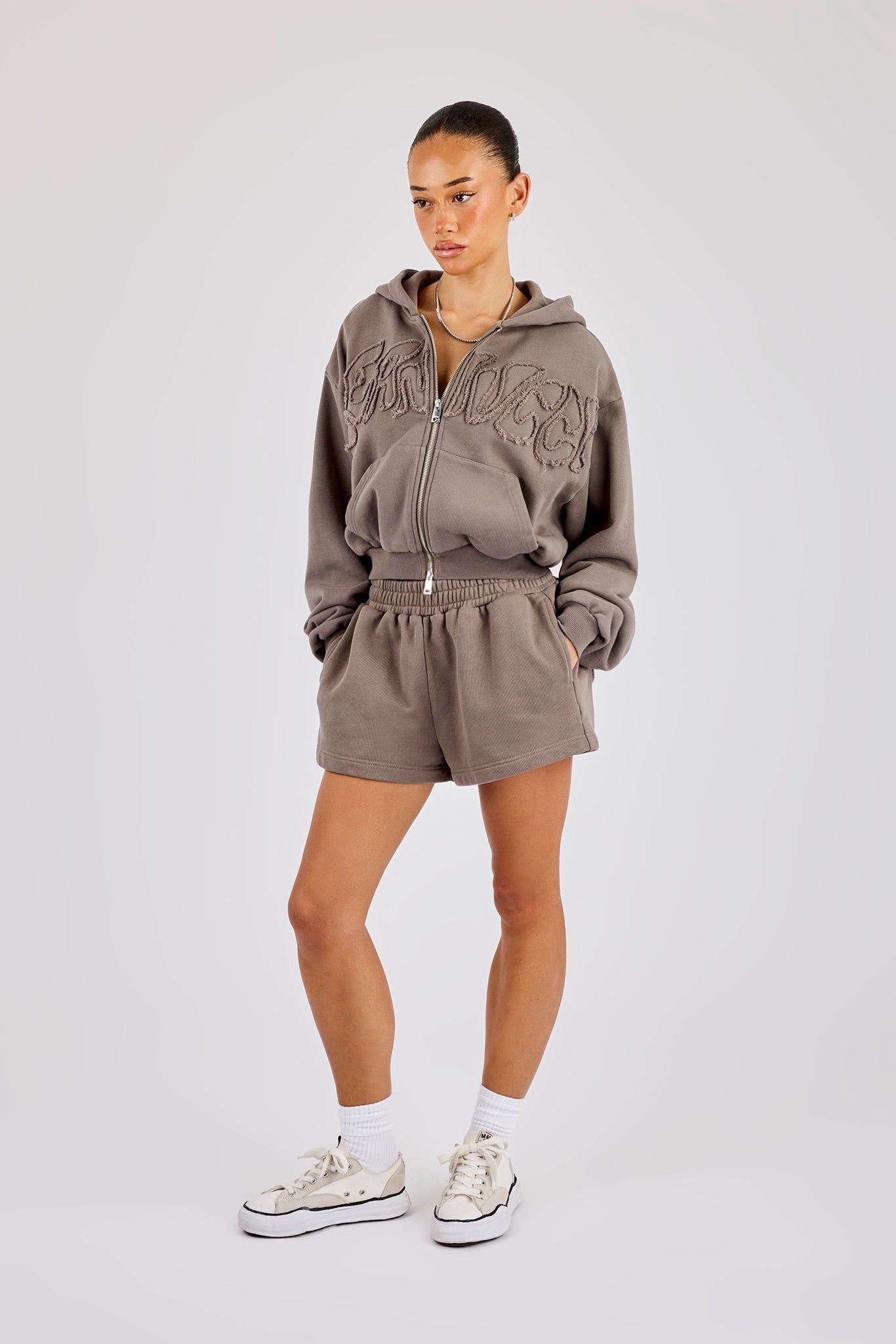 Washed Applique Logo Boxy Zip Through Hoodie & Short - Grey