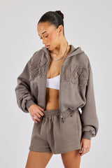 Washed Applique Logo Boxy Zip Through Hoodie & Short - Grey